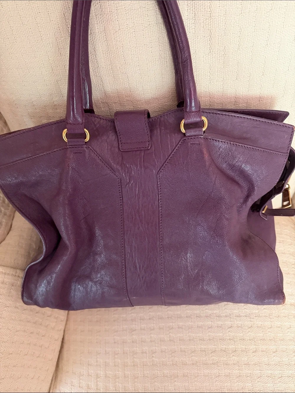 Yves Saint Laurent Plum Leather Tote with Gold Y Closure